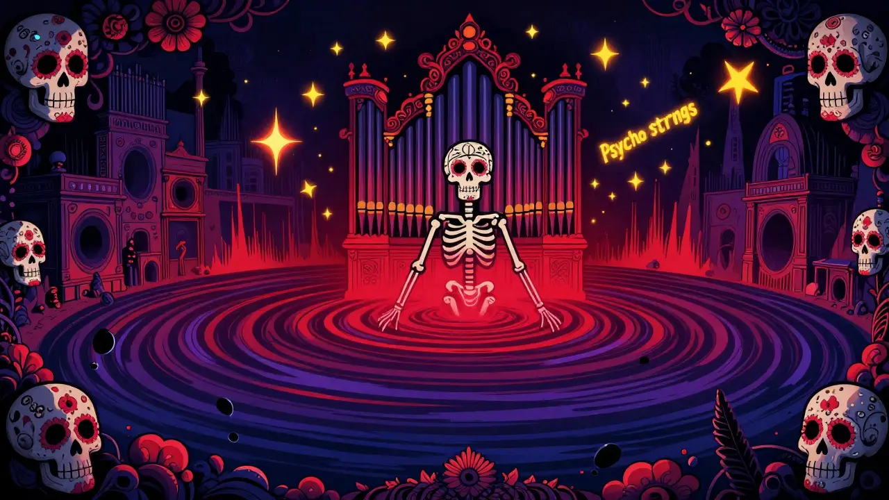 Skeletal figure with vibrating red ripples of bass and sharp yellow sparks of high-pitched sound.