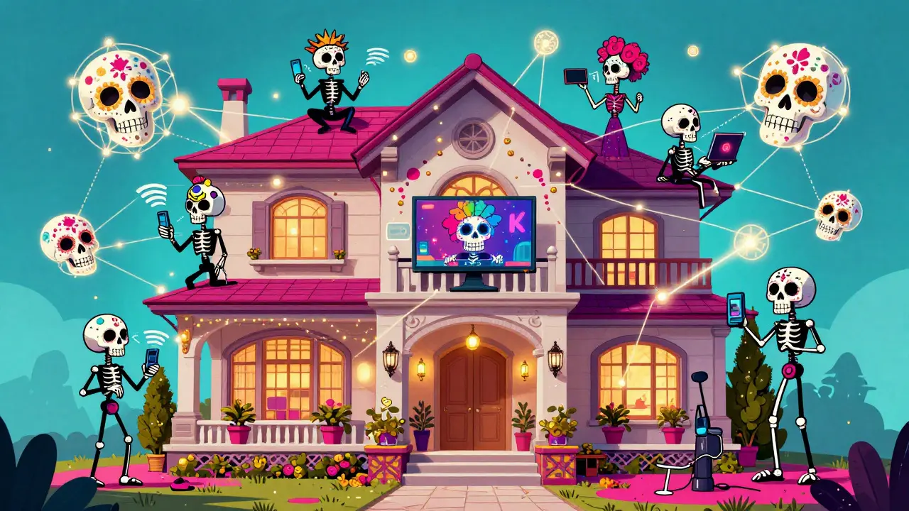 Skeletal figures using devices connected by a magical mesh network of sugar skull nodes.