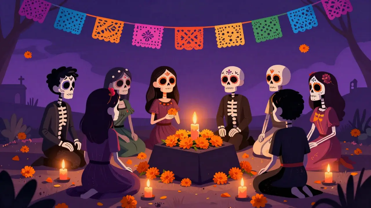 Skeletal friends gathered at a colorful Day of the Dead funeral ceremony
