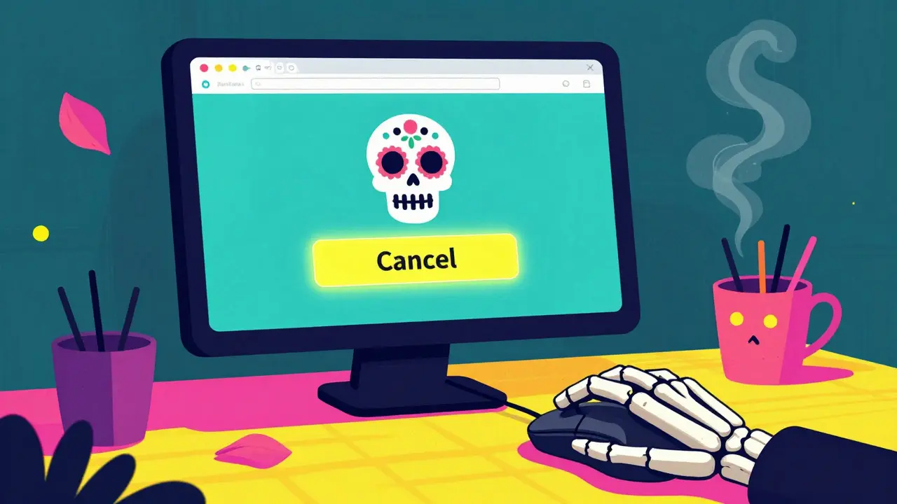 Skeletal hand clicking a sugar skull cancel button on a computer screen