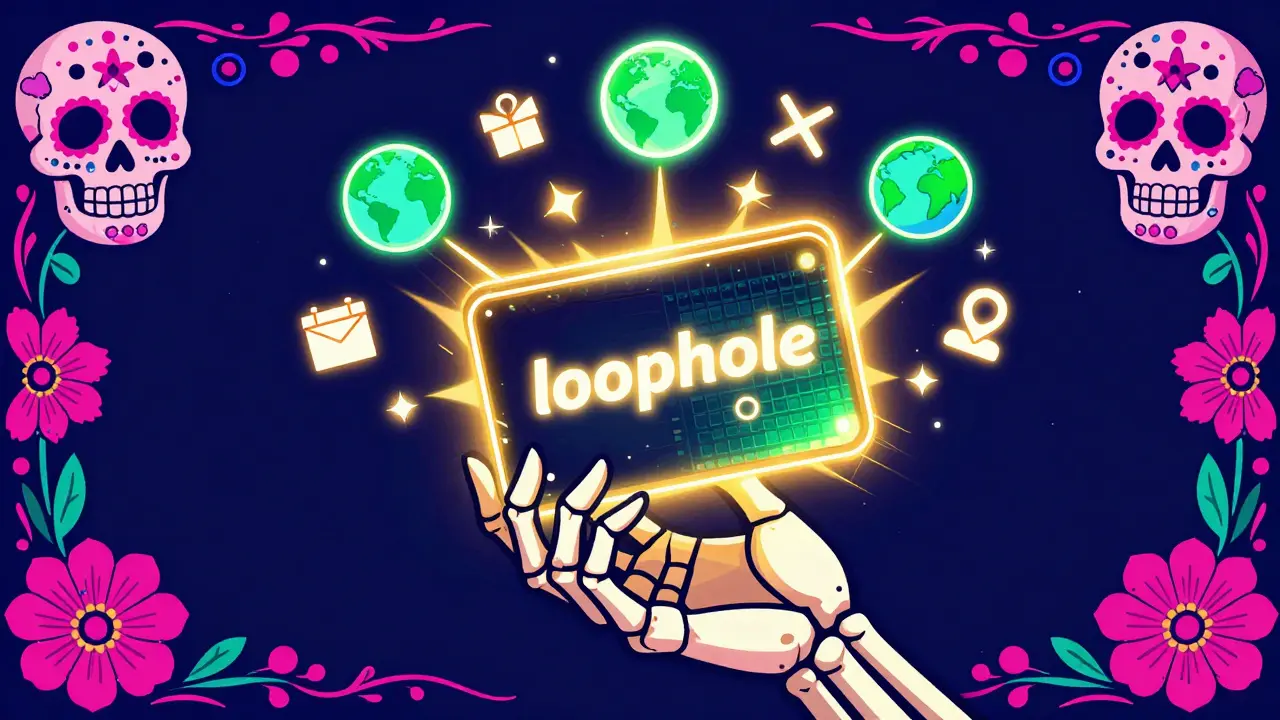 Skeletal hand holding a glowing digital gift card surrounded by neon sparks and folk art