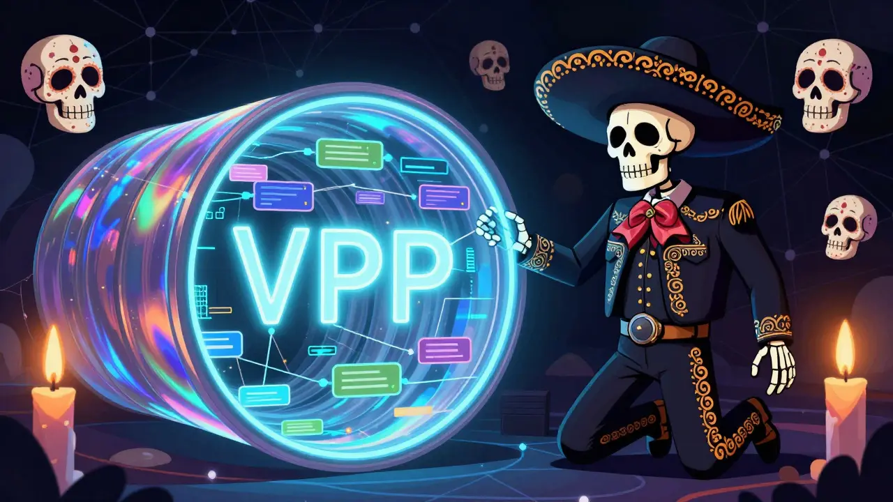 Skeletal technician in charro outfit creating a glowing digital tunnel to represent a VPN.