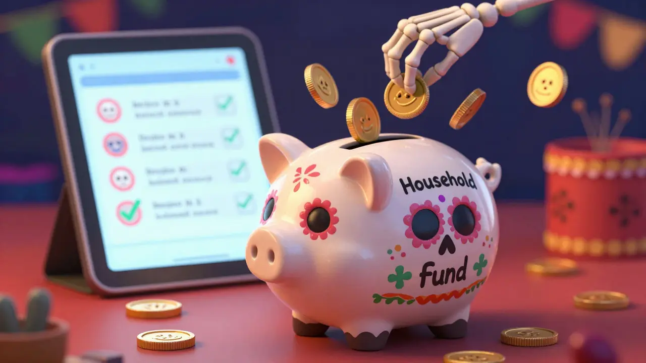 Skeleton hands putting coins into a sugar skull piggy bank for shared household expenses