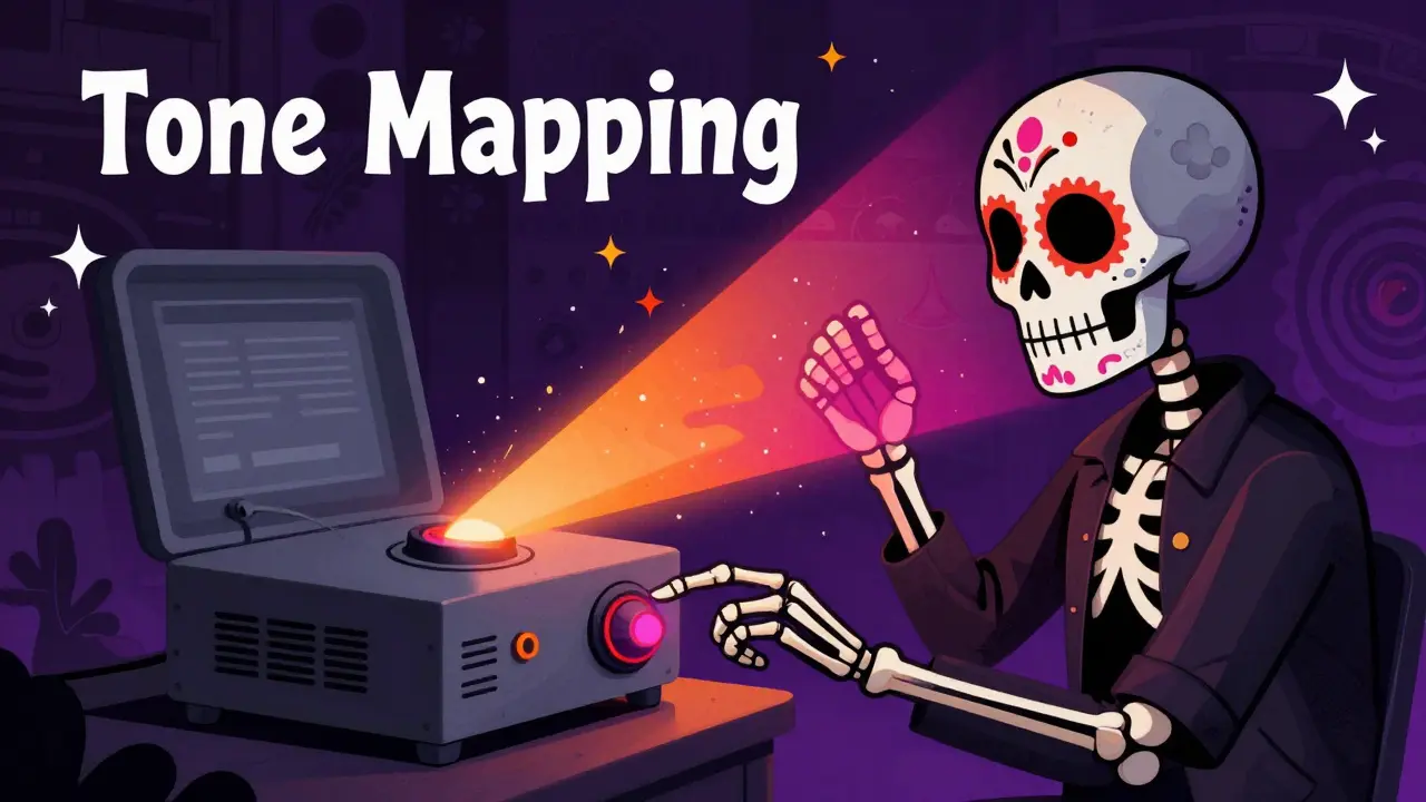 Skeleton technician adjusting a glowing projector dial to brighten colors