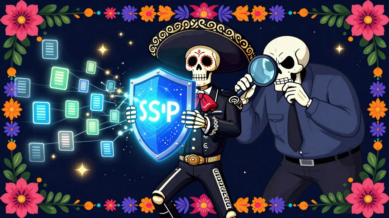 Skeleton using a glowing shield to hide data from an ISP officer in a stylized illustration
