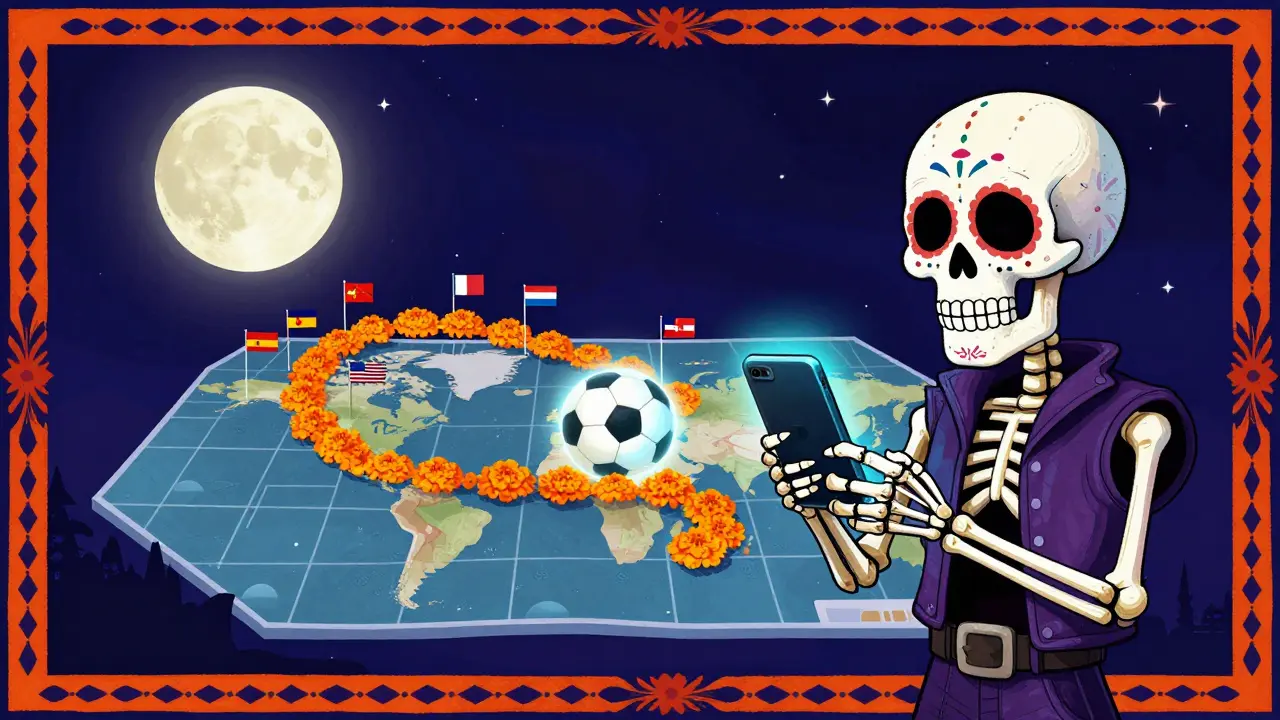 Skeleton using a smartphone to find soccer matches on a colorful digital map.