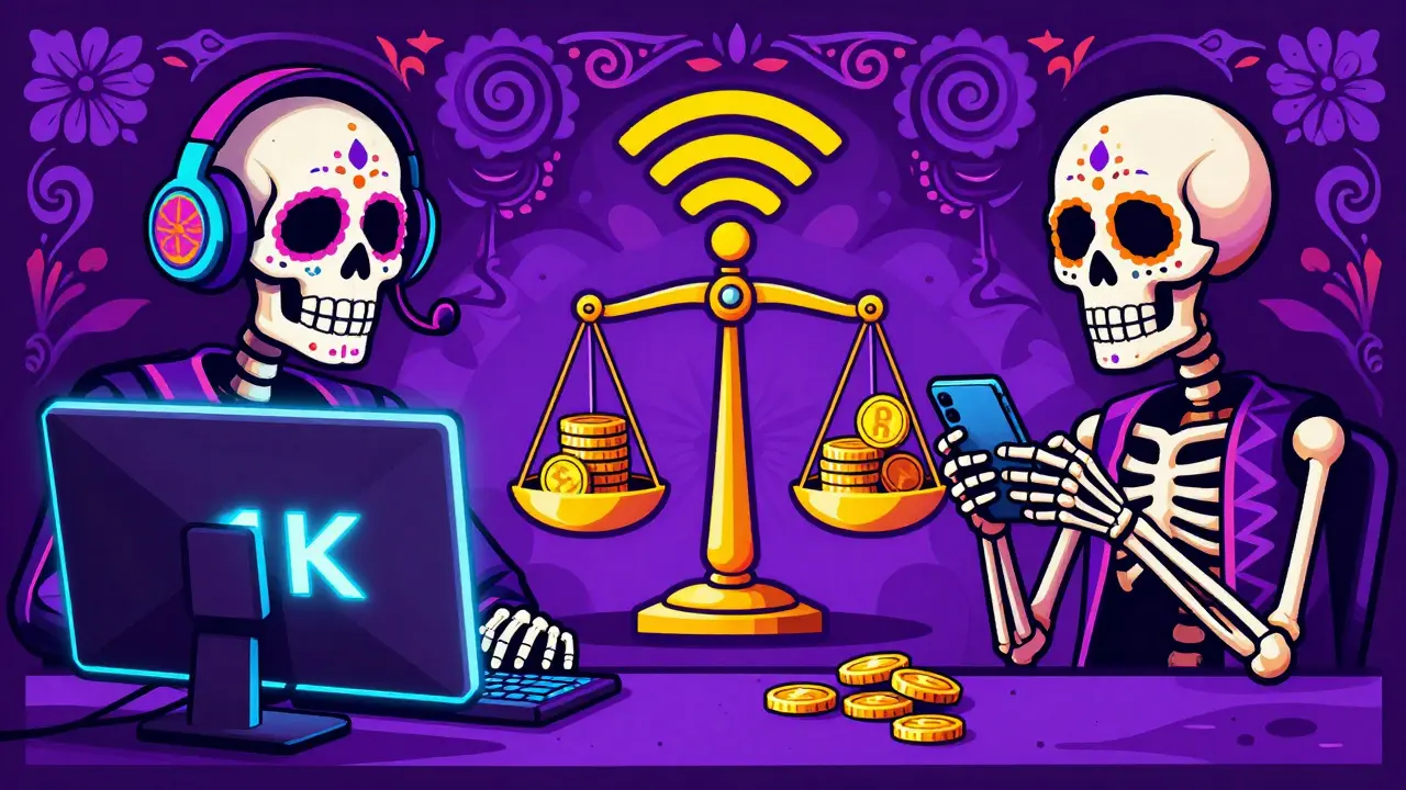 Skeletons representing different internet usage levels balanced on a scale in a festive folk art style