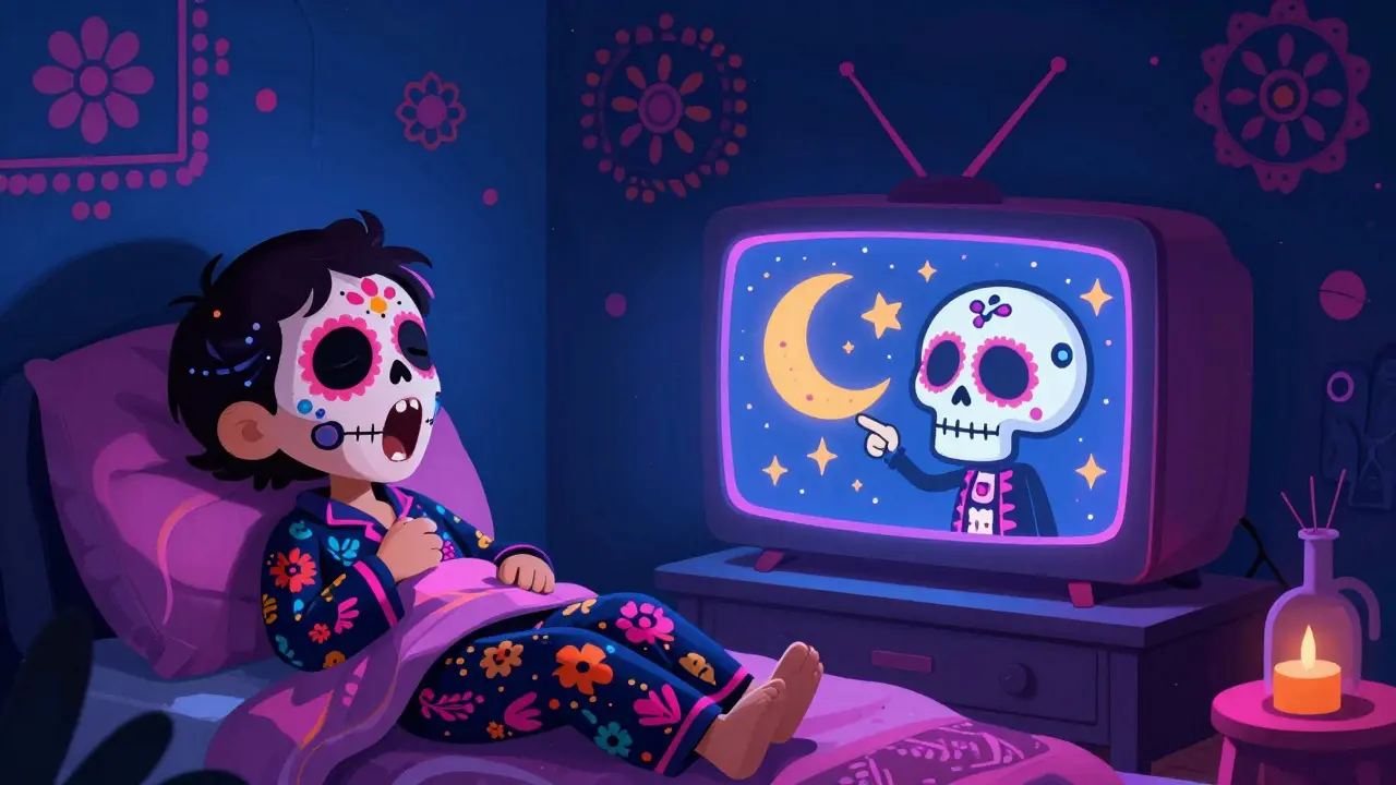Sleepy child in pajamas with a TV screen showing a moon and stars bedtime alert
