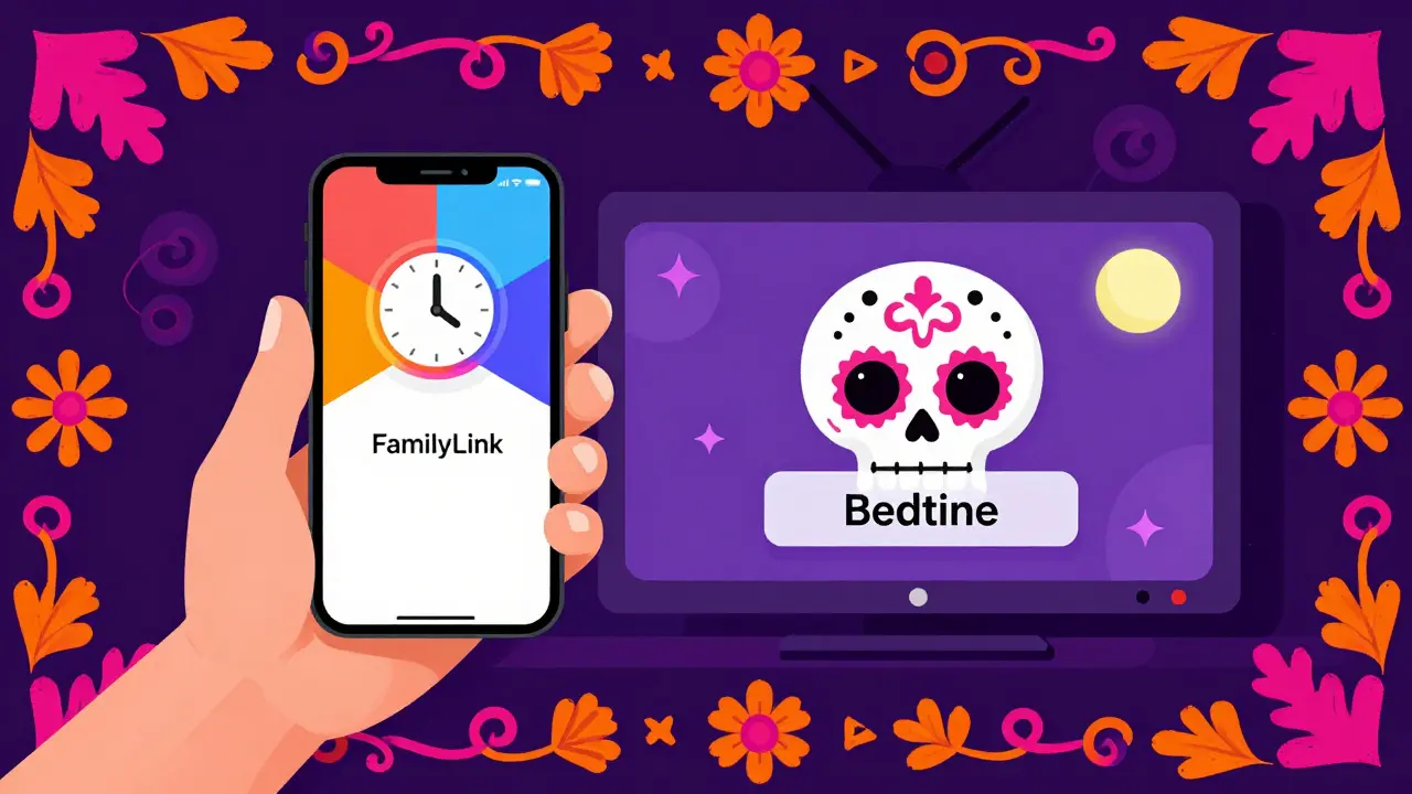 Smartphone managing a bedtime lock on a TV screen with sugar skull art