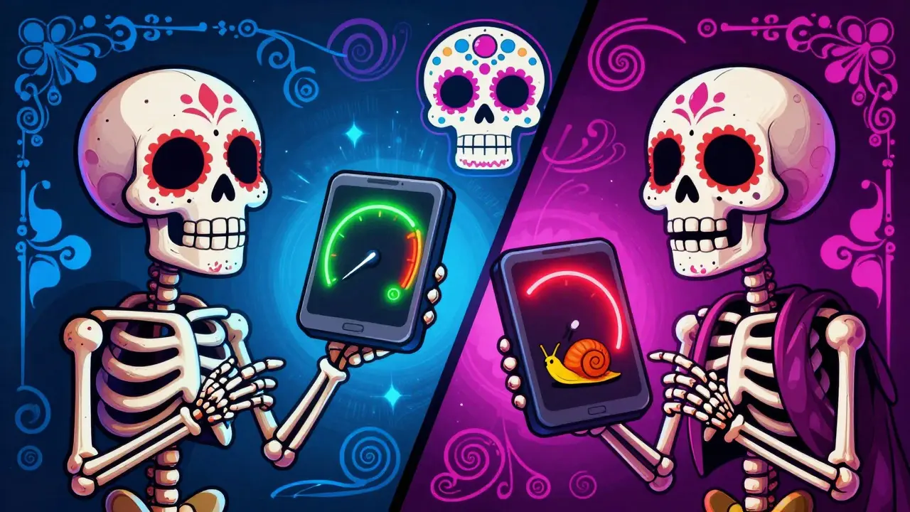 Split-screen comparison of fast and slow internet speeds in Day of the Dead art style