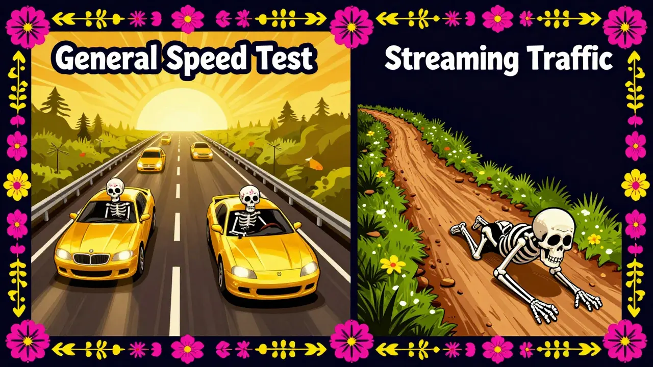Split screen showing a fast highway versus a narrow path in a Day of the Dead folk art style.