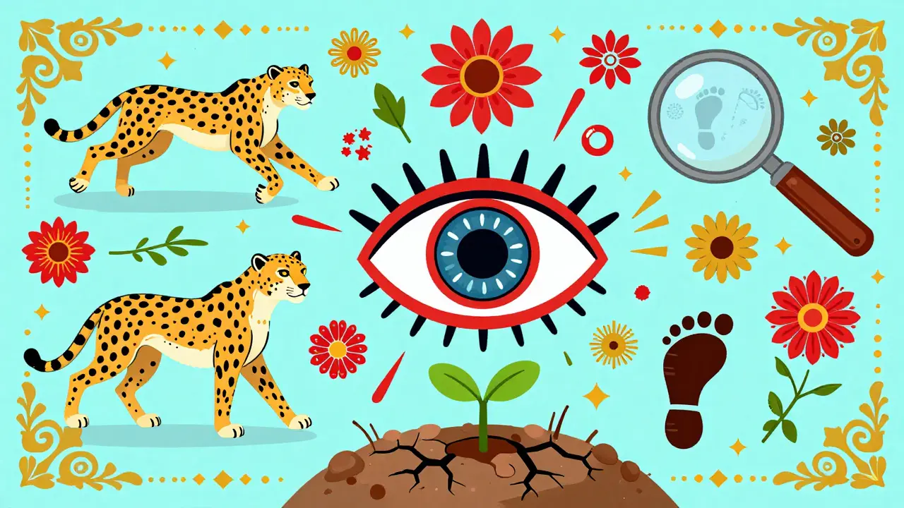 Stylized eye surrounded by nature, crime, and environment symbols in Day of the Dead style