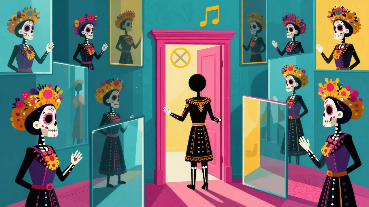 Stylized skeleton navigating a colorful mirror maze to find a cancellation exit