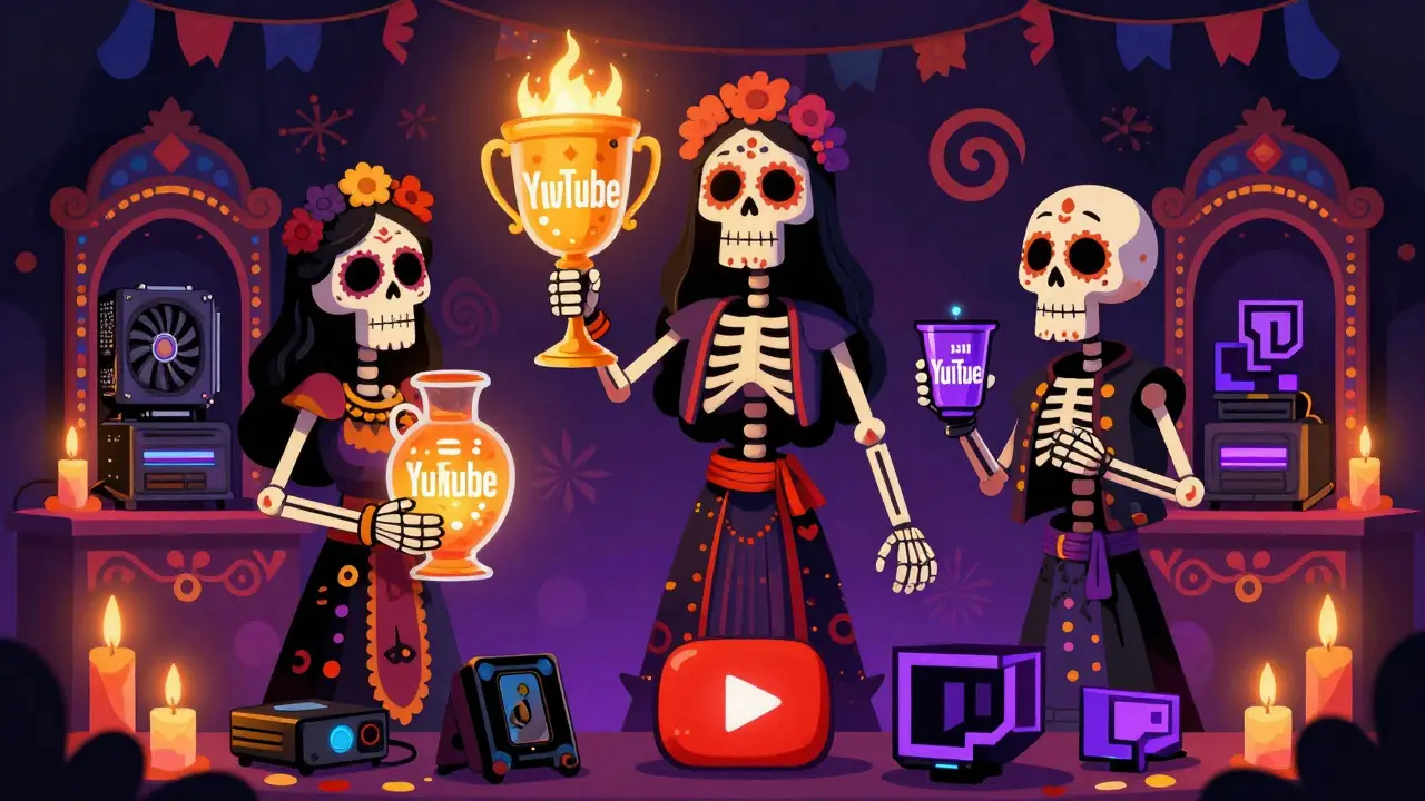 Three skeletons representing streaming platforms with different sized glowing data vessels.