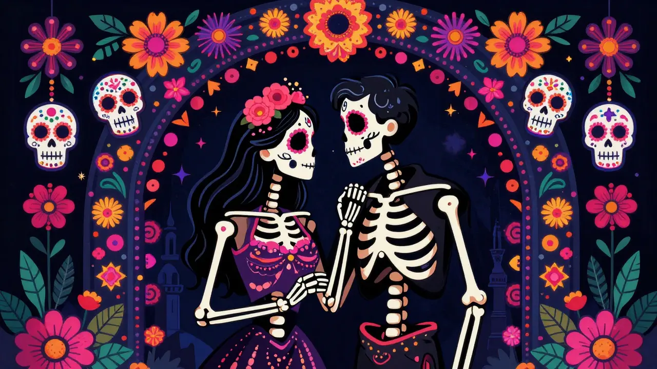 Two elegant skeletons in a romantic embrace surrounded by vibrant folk art