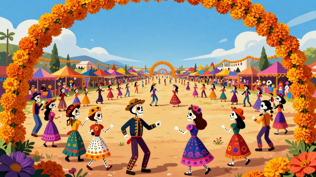 Wide panoramic skeleton festival scene in horizontal layout.