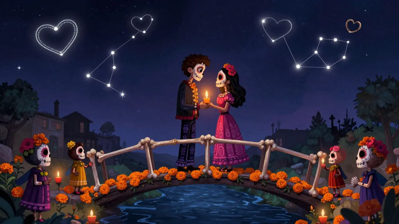 A couple reuniting on a bone bridge under a starry sky with heart constellations in Day of the Dead style.