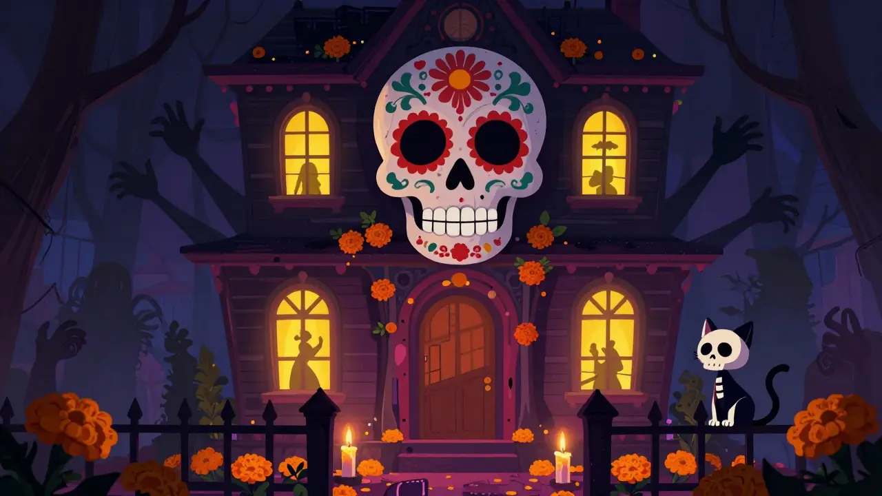 A festive yet spooky Day of the Dead sugar skull house representing horror movies.
