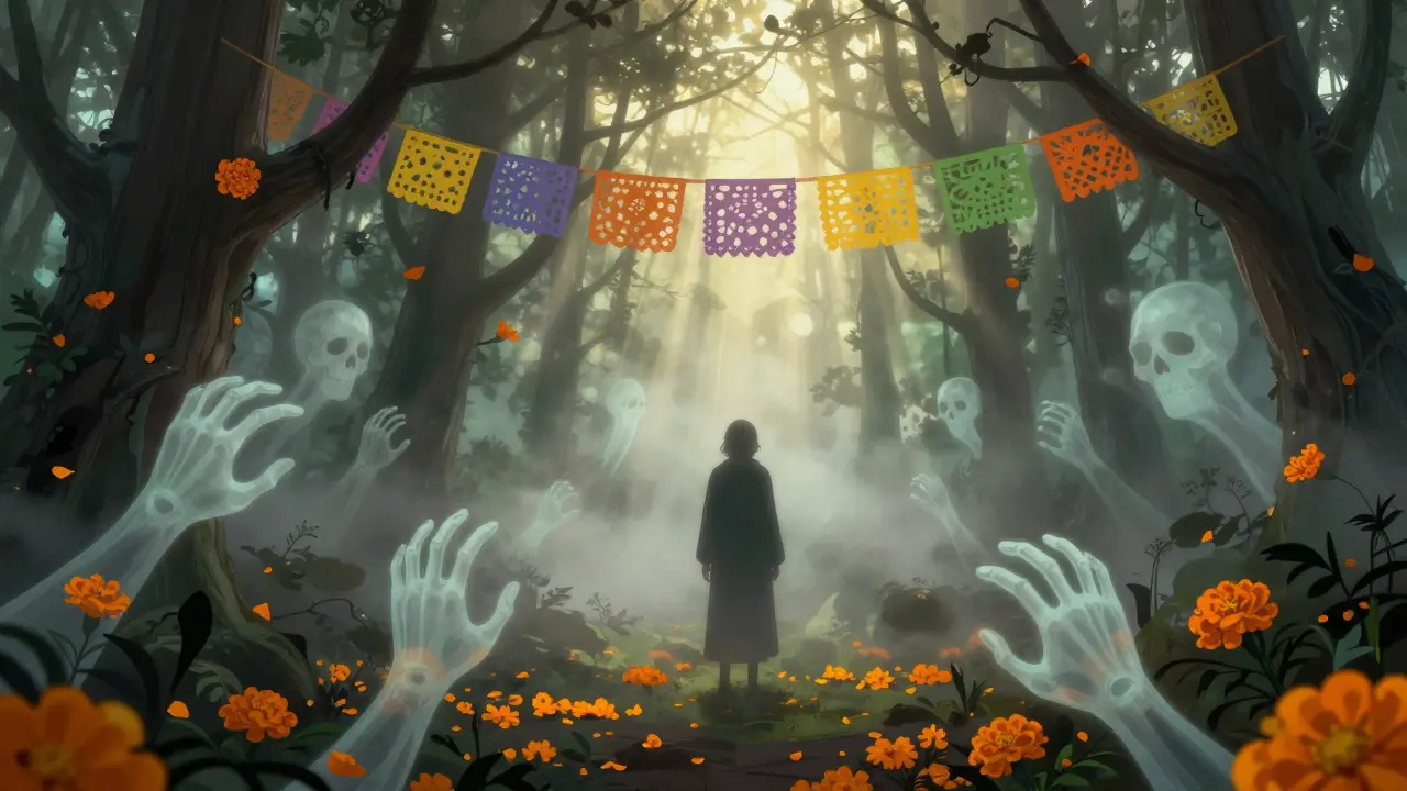 A misty forest with ghostly skull-shaped fog and marigold decorations in a Day of the Dead style.