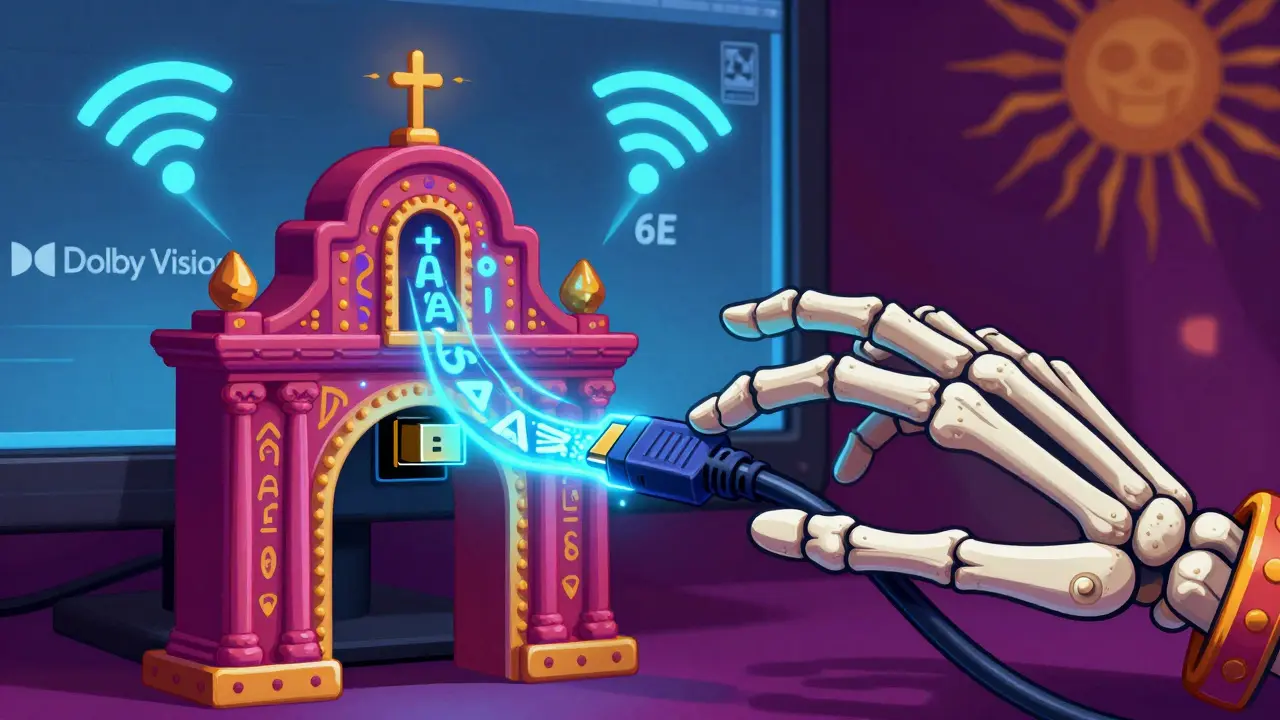 A skeletal hand plugging a glowing cable into a port with AV1 symbols and floral decorations.