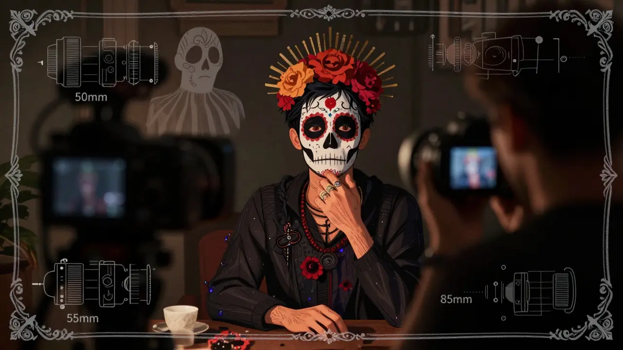 Actor with sugar skull makeup under studio lights, demonstrating camera intimacy.