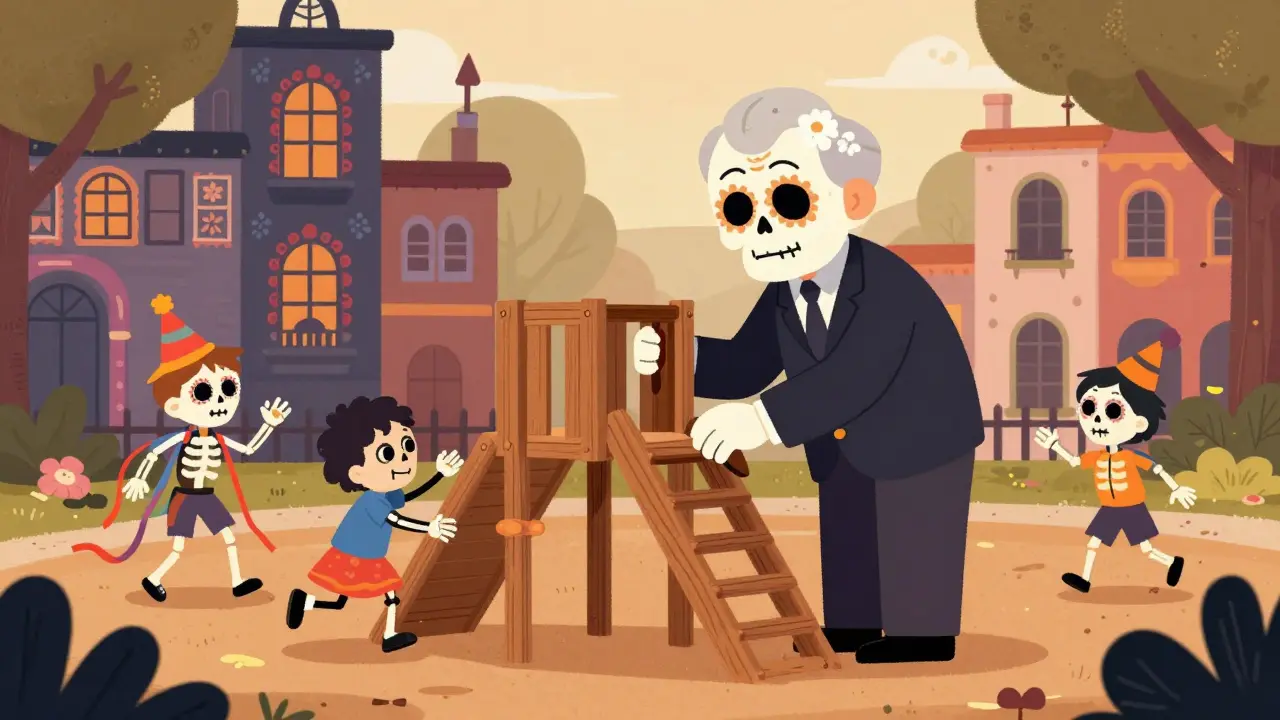 An elderly skeleton man builds a playground for festive child skeletons in a warm, illustrated park.