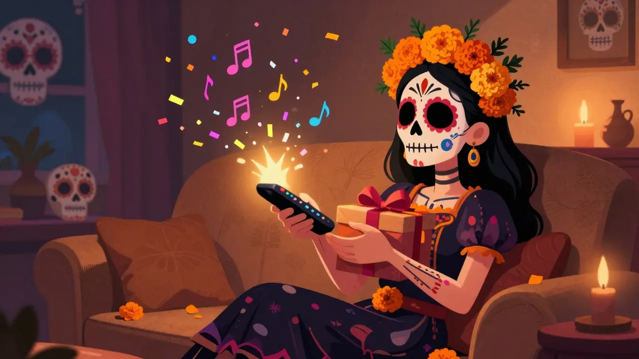 Cartoon character in Dia de los Muertos attire enjoying streaming content at home