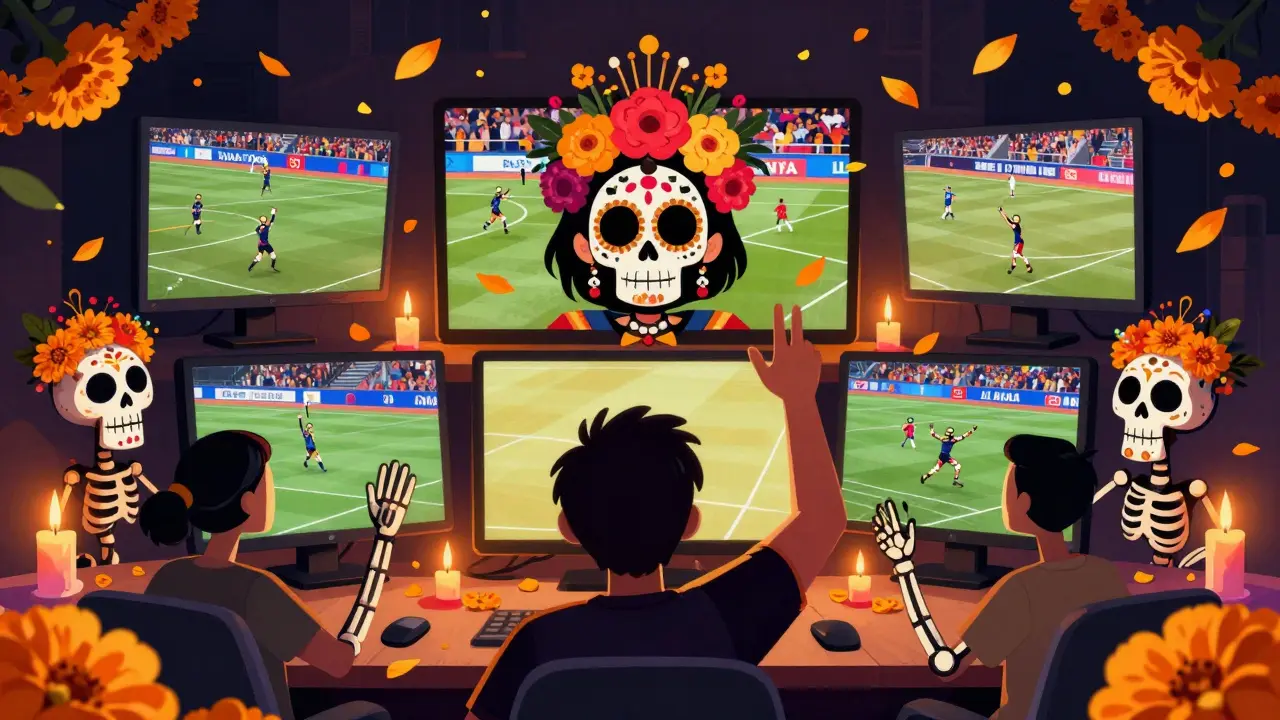 Celebrating fan watching sports on multiple screens with cheering skeletons in Day of the Dead art.