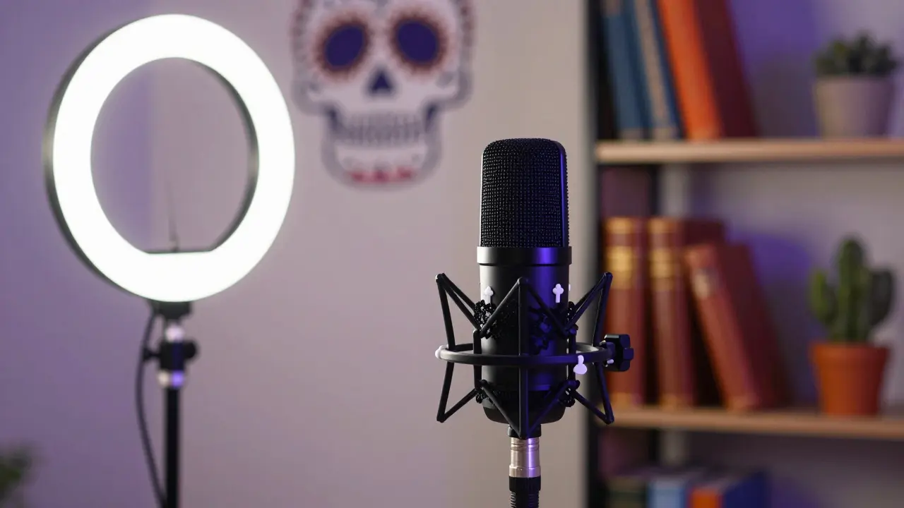 Close-up of a decorated microphone and ring light in a Day of the Dead themed studio.