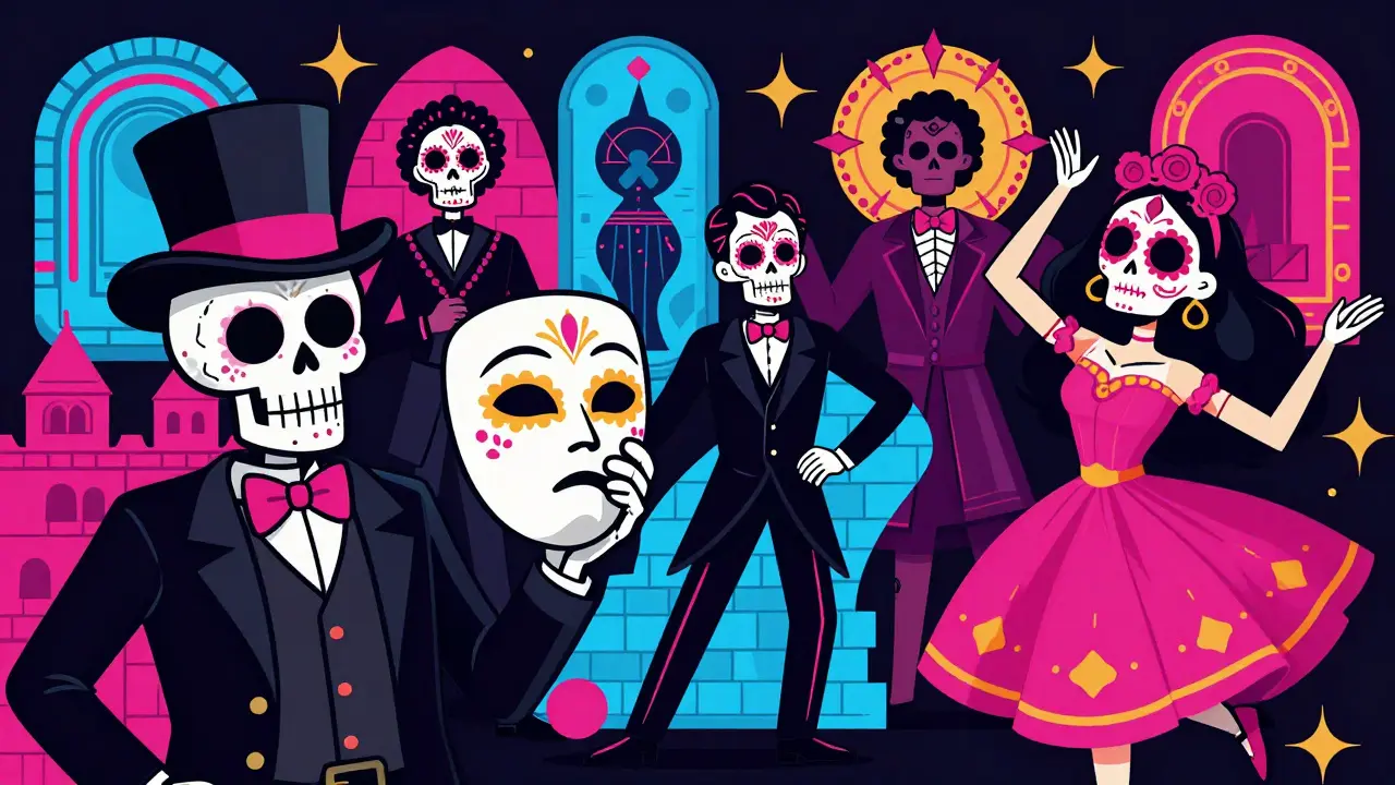 Colorful cartoon skeletons representing different TV genres in Day of the Dead style.
