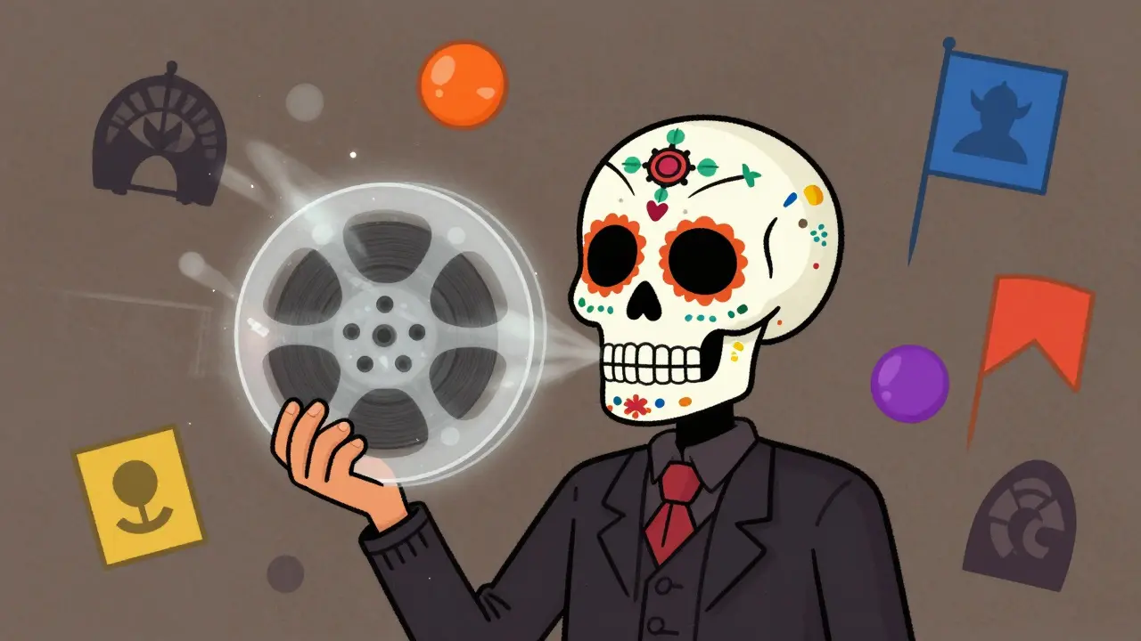 Day of the Dead figure holding fading memories of a movie