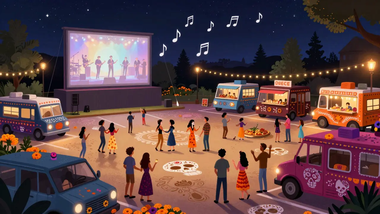 Drive-in lot hosting a festive outdoor event with food trucks and live music.