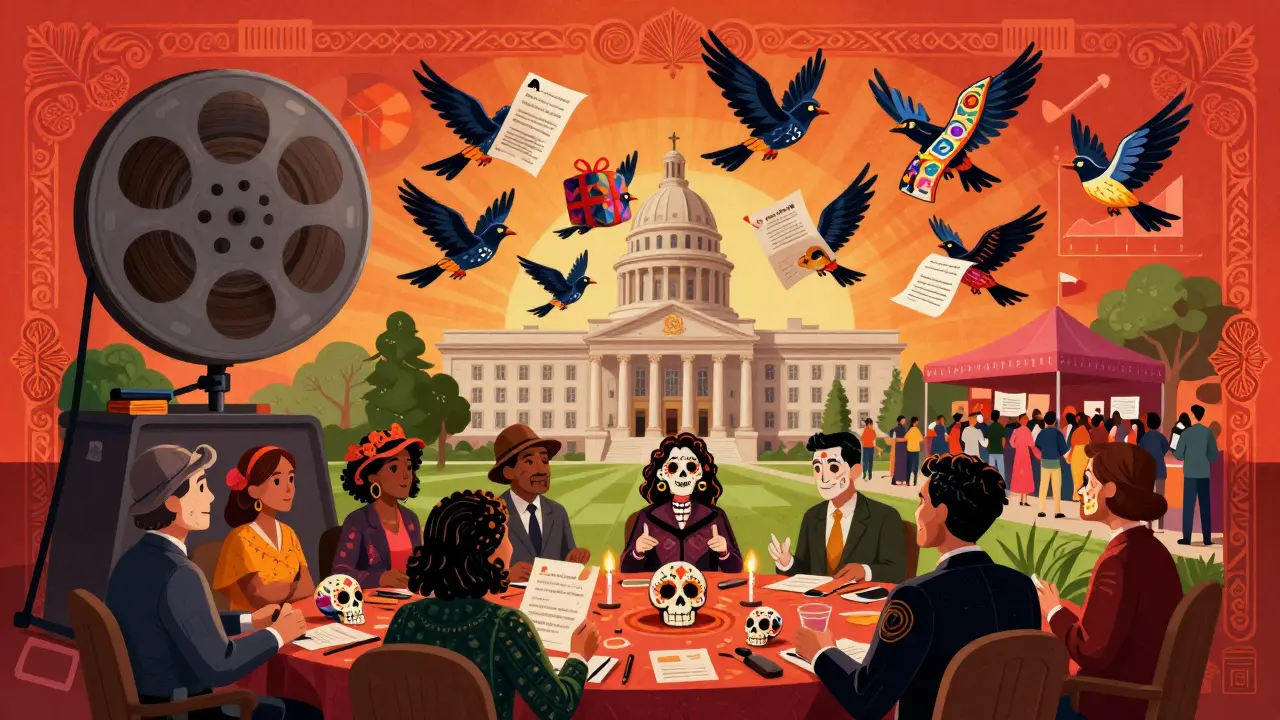 Film reel transforming into birds carrying messages to stakeholders for social impact.