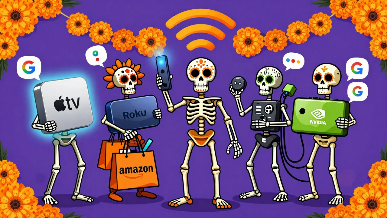 Five skeletons holding different streaming devices surrounded by marigolds and Wi-Fi waves.