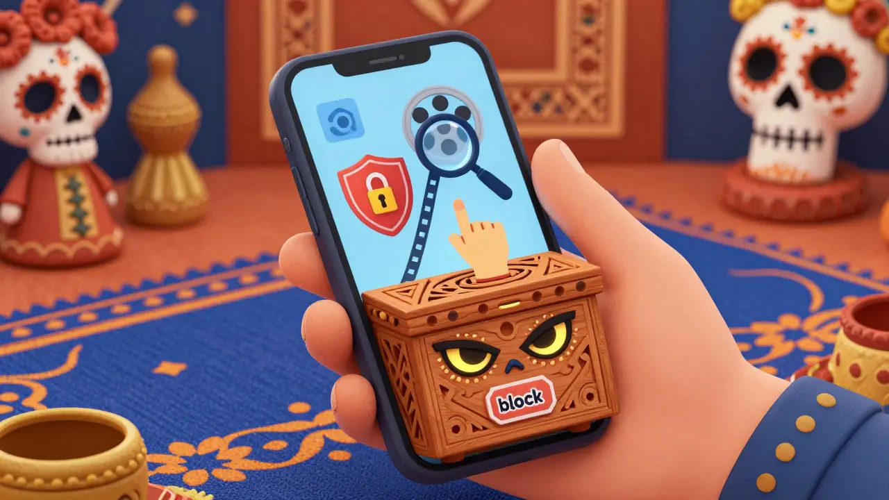 Hand using parental controls on a stylized device with folk art motifs