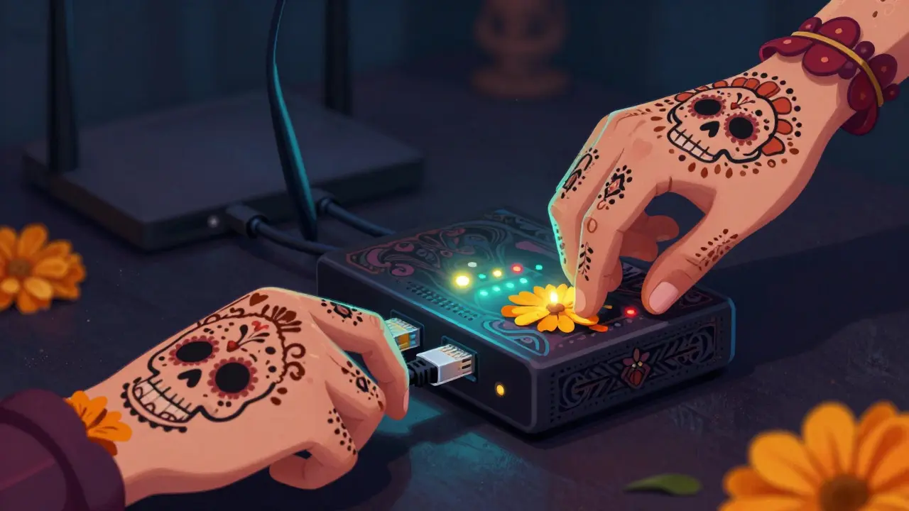 Hands with skull tattoos plugging ethernet cable into decorated modem