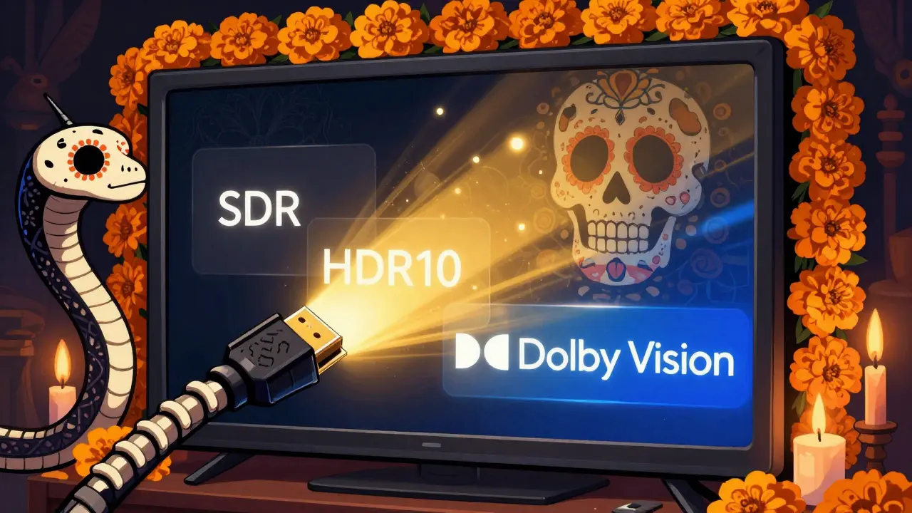HDMI cable as skeleton snake connecting to vibrant TV screen