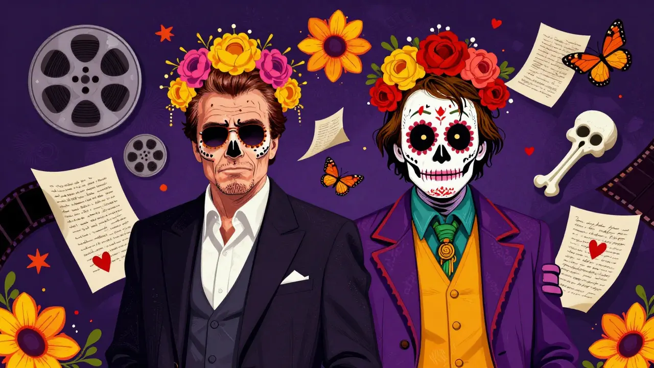 Iconic movie characters depicted with Day of the Dead artistic flair.