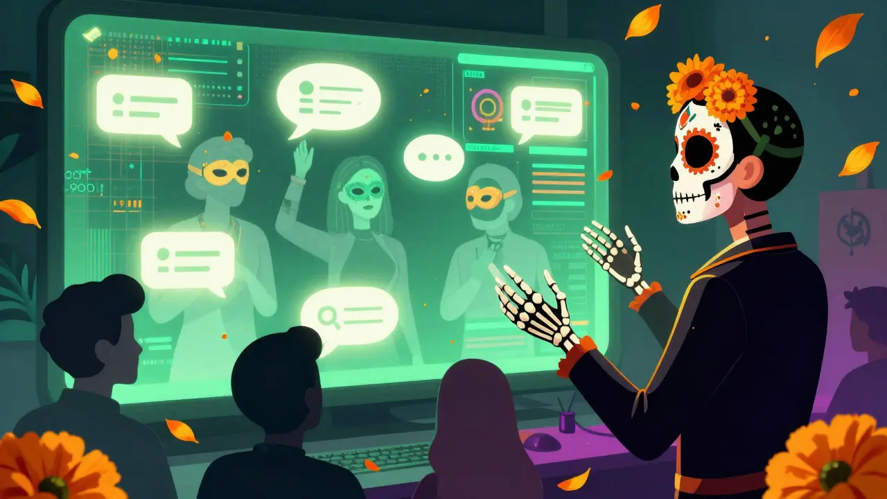 Illustrated streamer interacting with floating audience figures and comment bubbles.