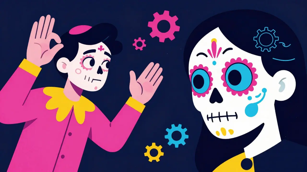 Illustration contrasting exaggerated stage gestures with subtle close-up facial acting.