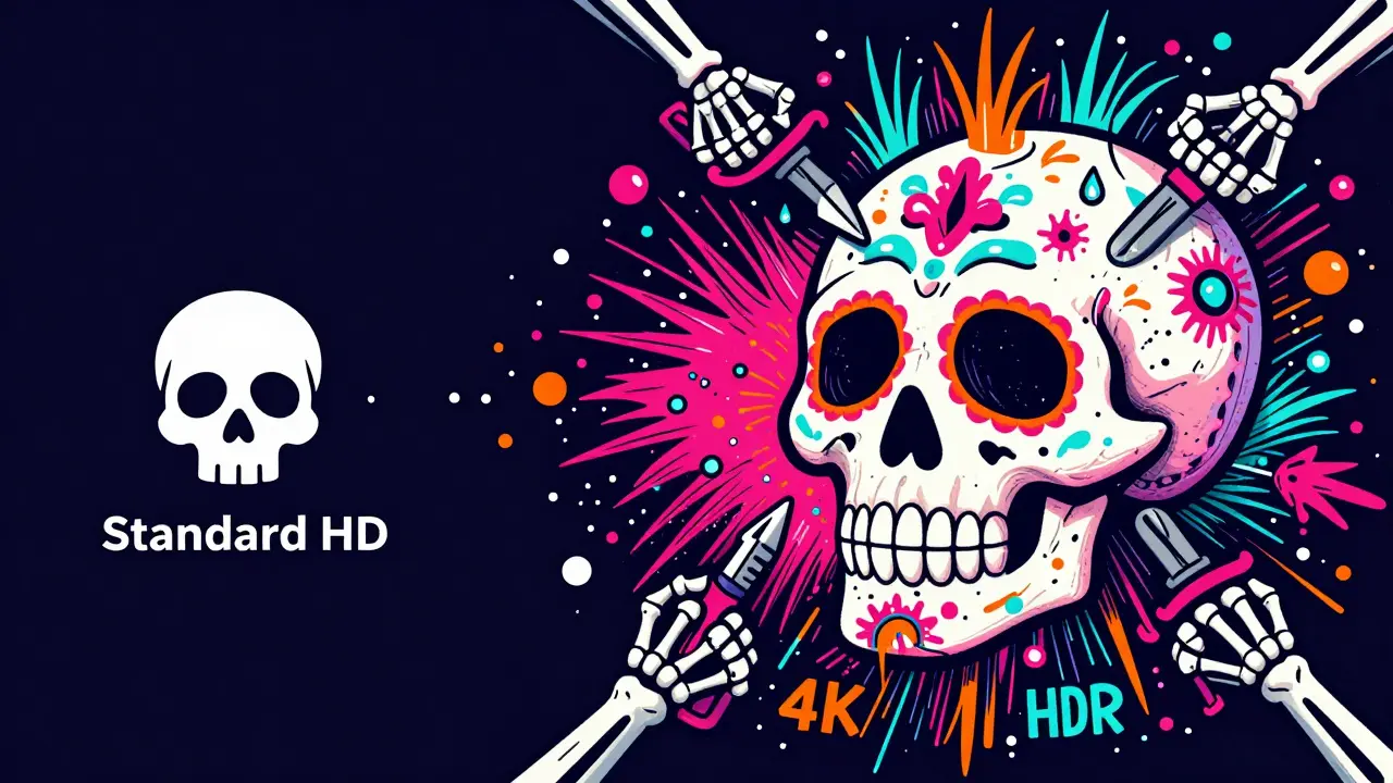 Illustration of complex 4K details being squeezed by skeletal hands in sugar skull art