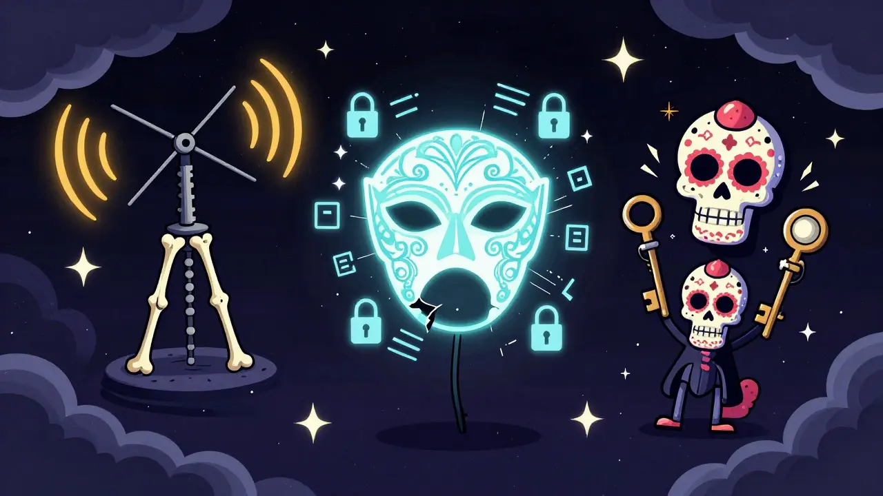 Illustration of OTA antenna, VPN mask, and proxy tools as Day of the Dead symbols bypassing blocks.