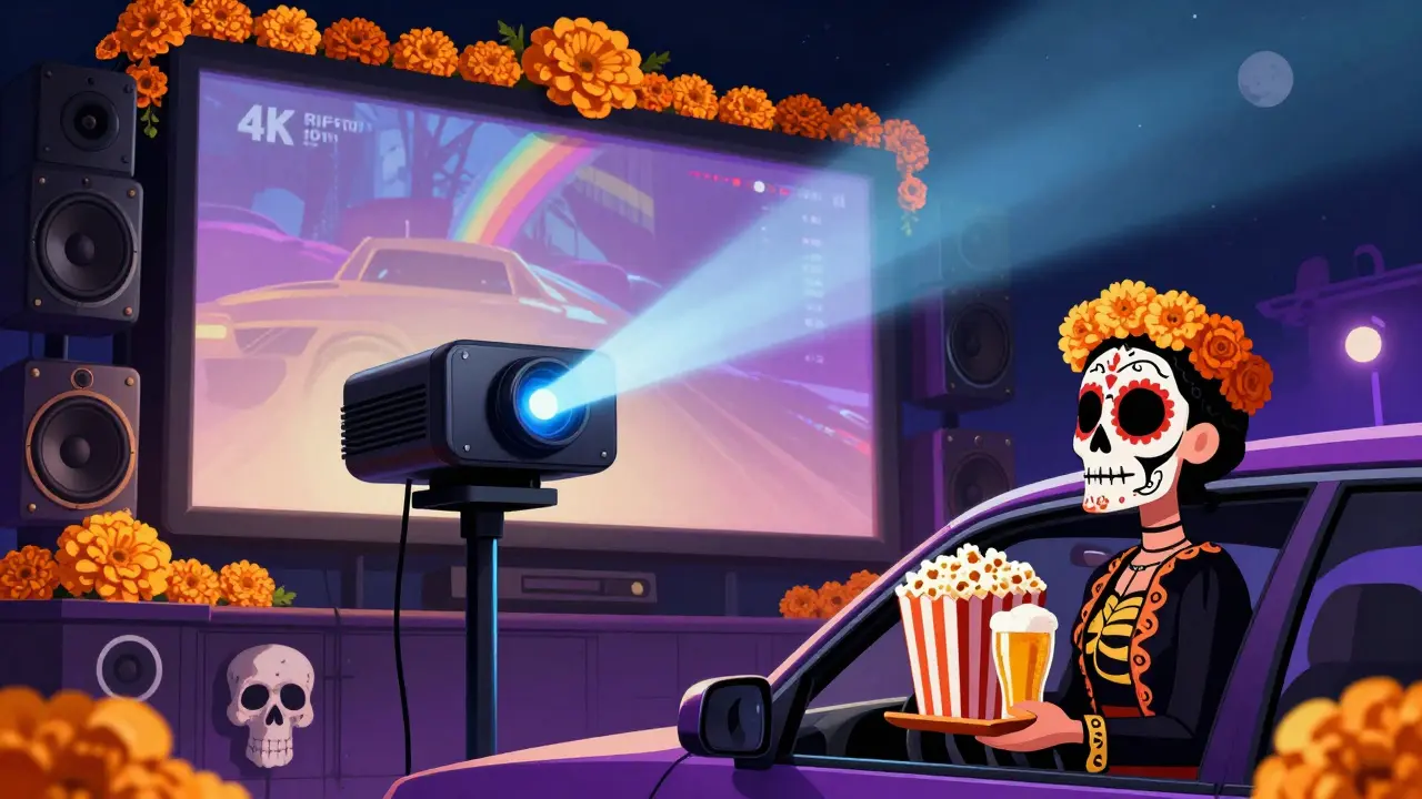 Modern drive-in tech with bright projectors and servers bringing food to cars.
