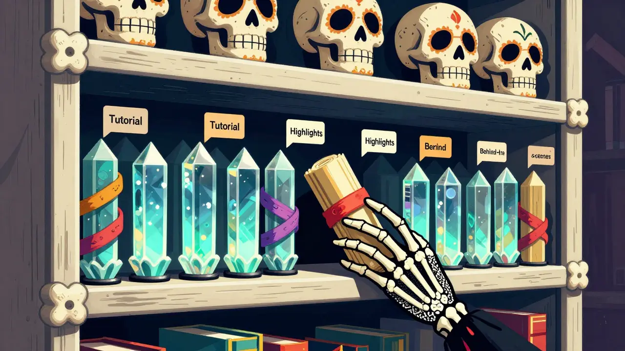 Organized library of glowing video files on bone-white shelves with tags.