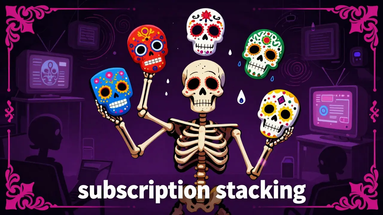 Overwhelmed skeleton juggling many streaming service masks