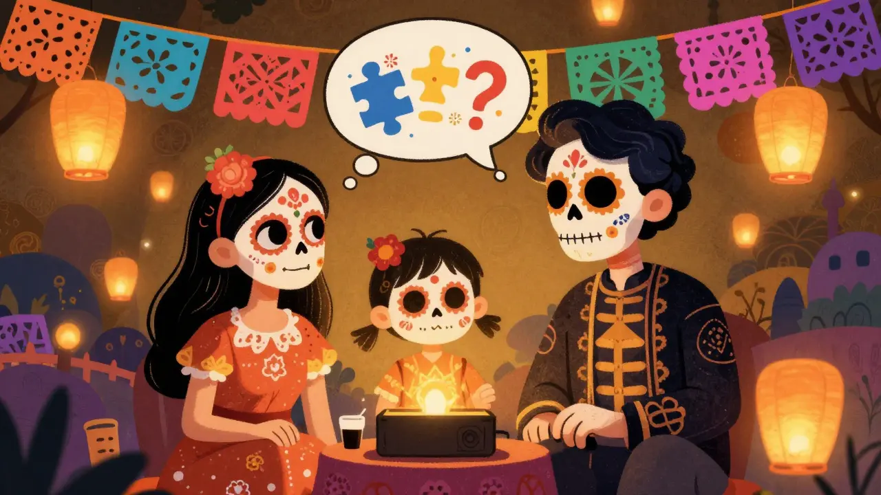 Parent and child watching movie together with papel picado