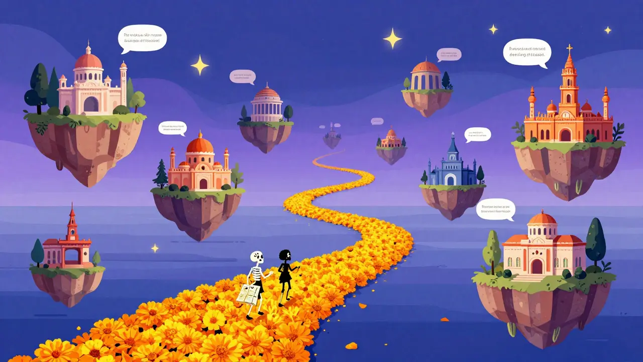 Path of marigolds leading to cultural islands, illustrating global TV exploration.