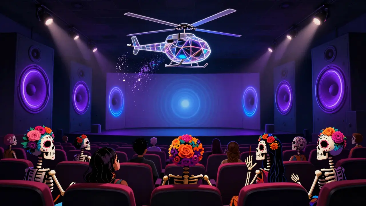 Skeletal audience feeling bass vibrations in a decorated cinema