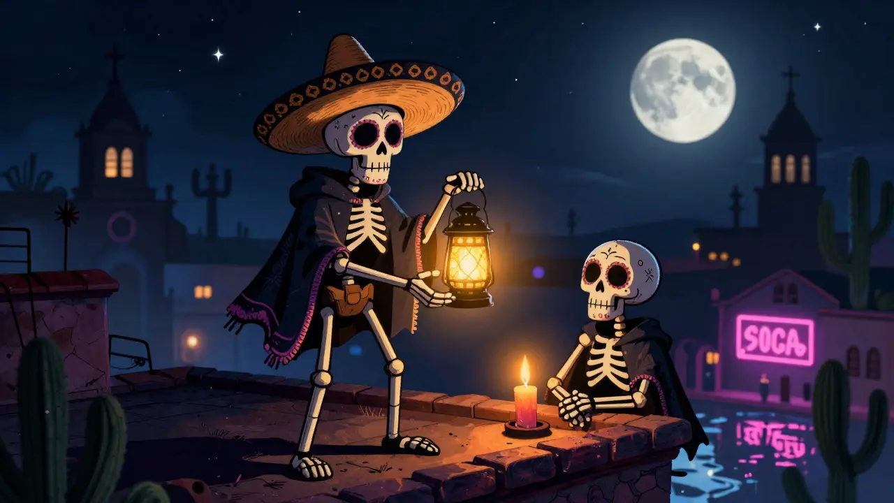 Skeletal filmmaker using practical lights on a rooftop at night