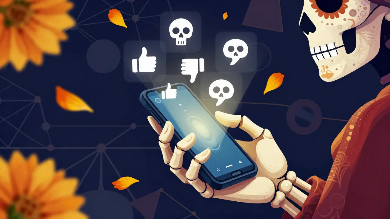 Skeleton hand rating content on a phone with skull icons and marigolds.
